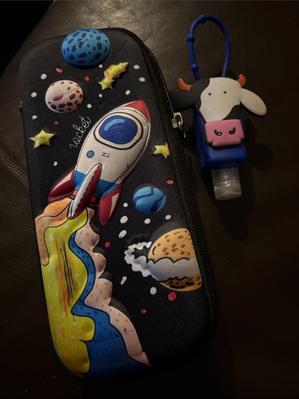 Kids Rocket Pencil Case with Blue Cow Hand Sanitizer Holder